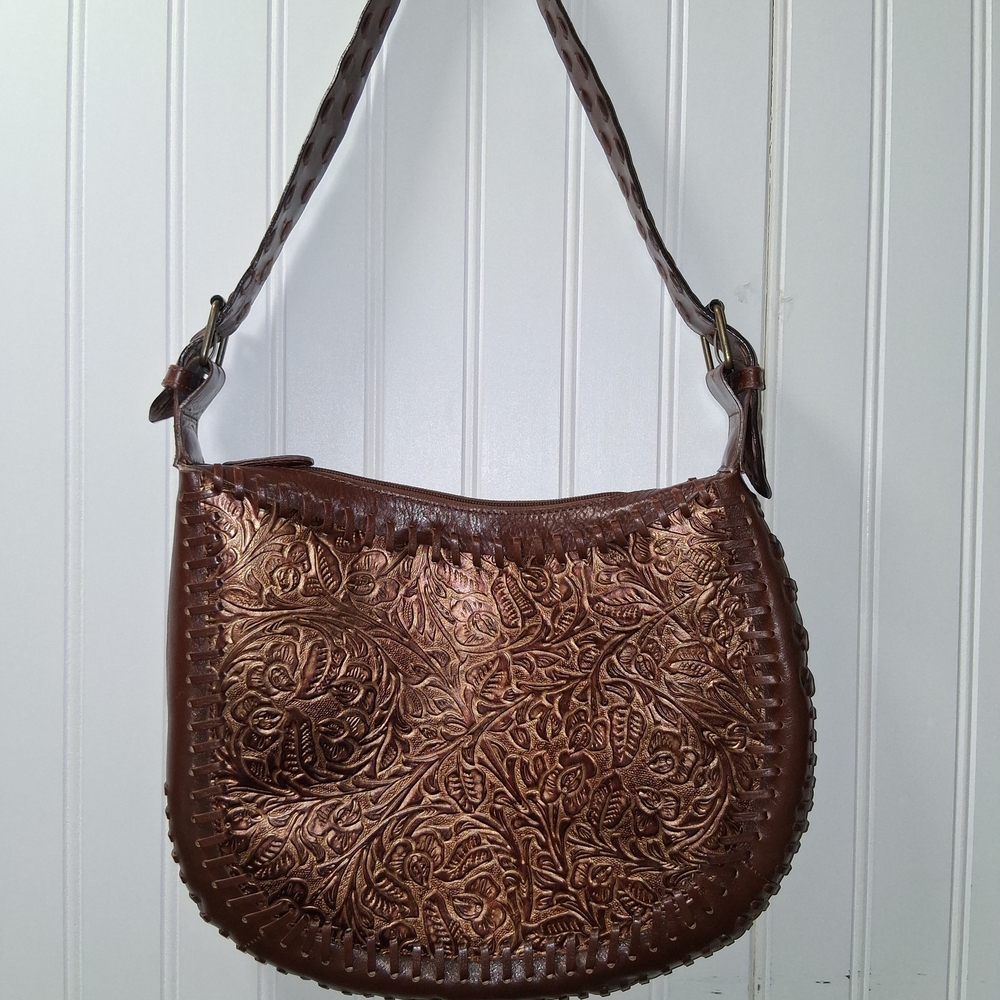Elegant BrownTooled  Leather Purse Little Goldist Color with Zipper Buckle Strap